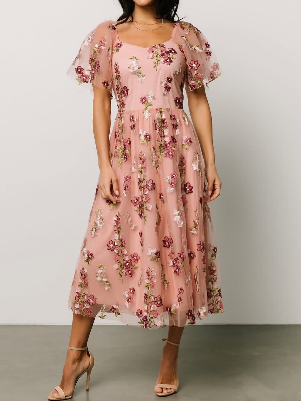 Baltic Born | Gwyneth Tulle Midi Dress | Pink Blush Floral Dress | Size XL